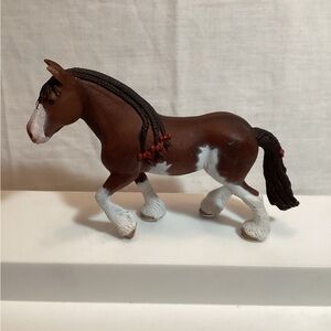 Schleich Clydesdale Mare Red Ribbon Brown and White Horse Figurine #13809